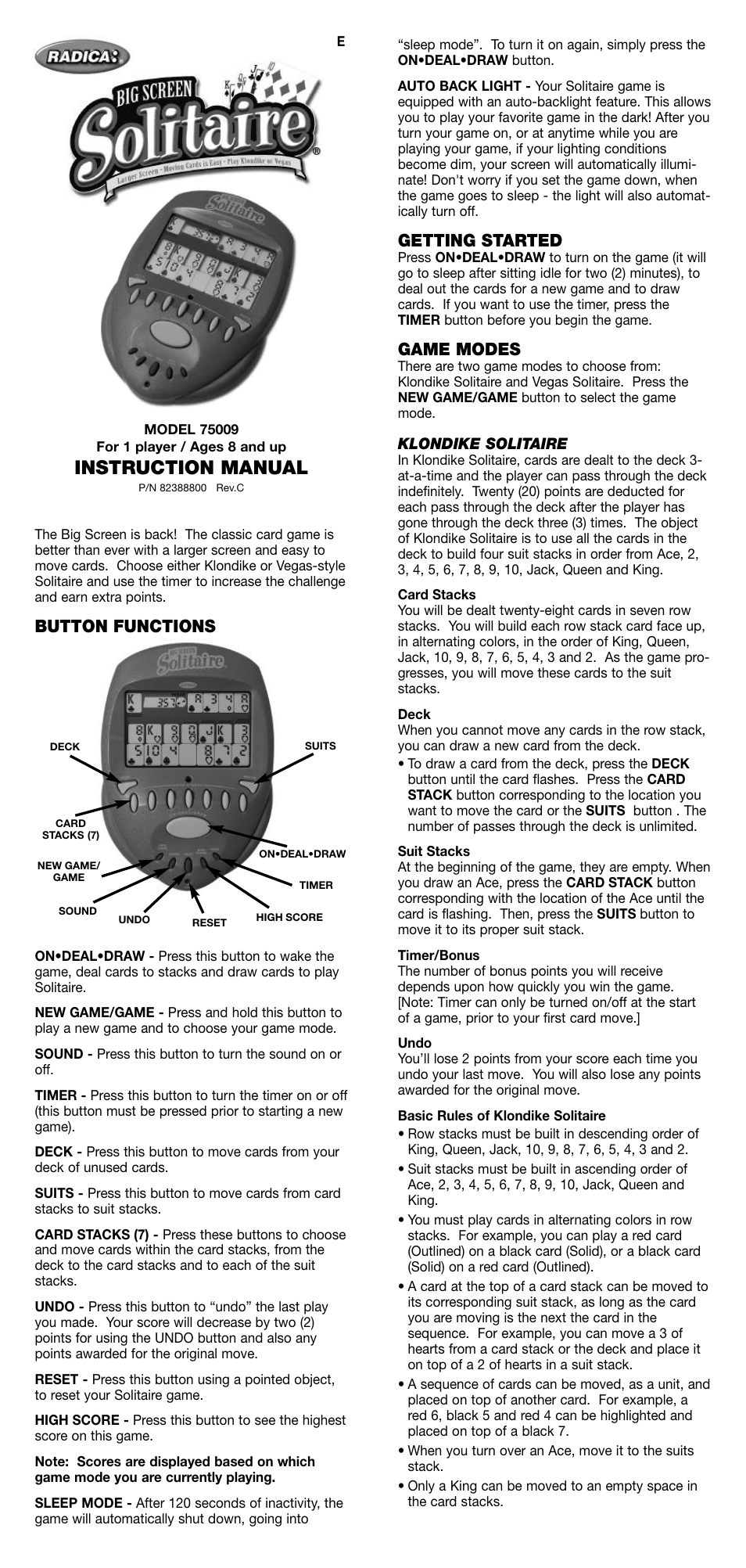 Radica Games SOLITAIRE 75009 User Manual | 2 pages