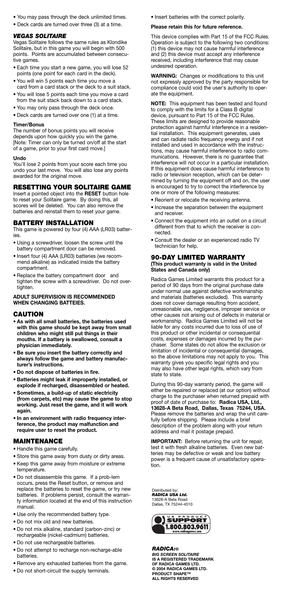 Resetting your solitaire game, Battery installation, Caution | Maintenance, Day limited warranty | Radica Games SOLITAIRE 75009 User Manual | Page 2 / 2