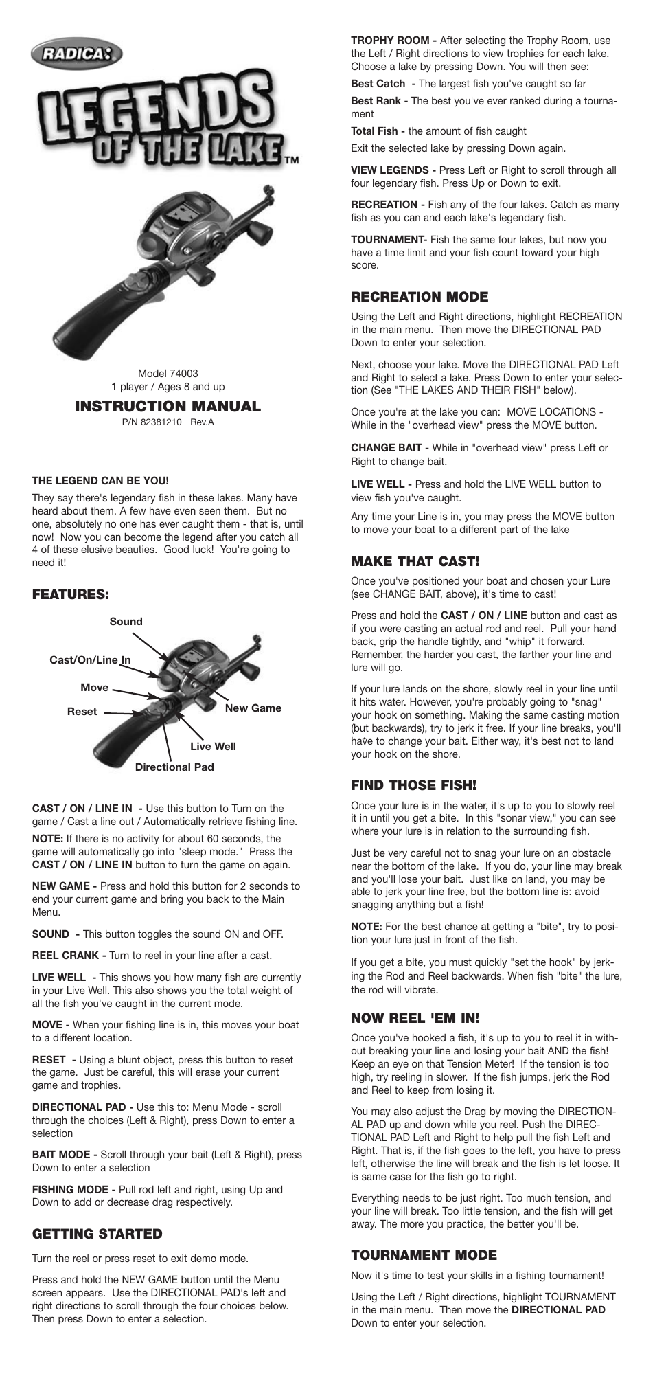 Radica Games Legends 74003 User Manual | 2 pages