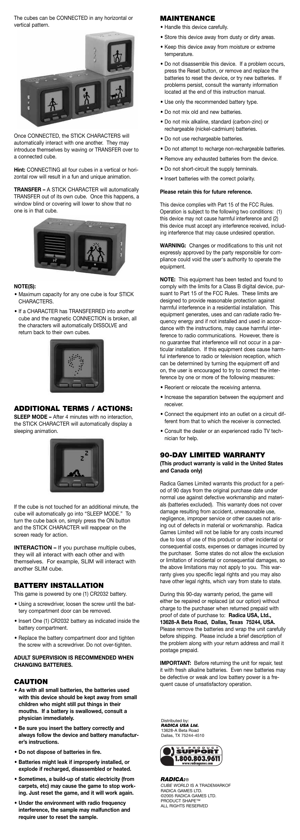 Additional terms / actions, Battery installation, Caution | Maintenance, Day limited warranty | Radica Games 75040 User Manual | Page 2 / 2