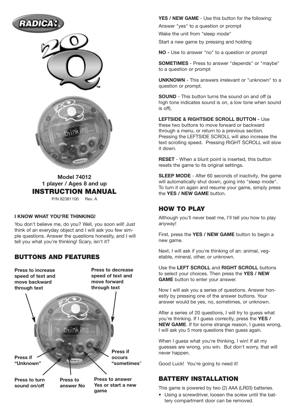Radica Games 74012 User Manual | 2 pages
