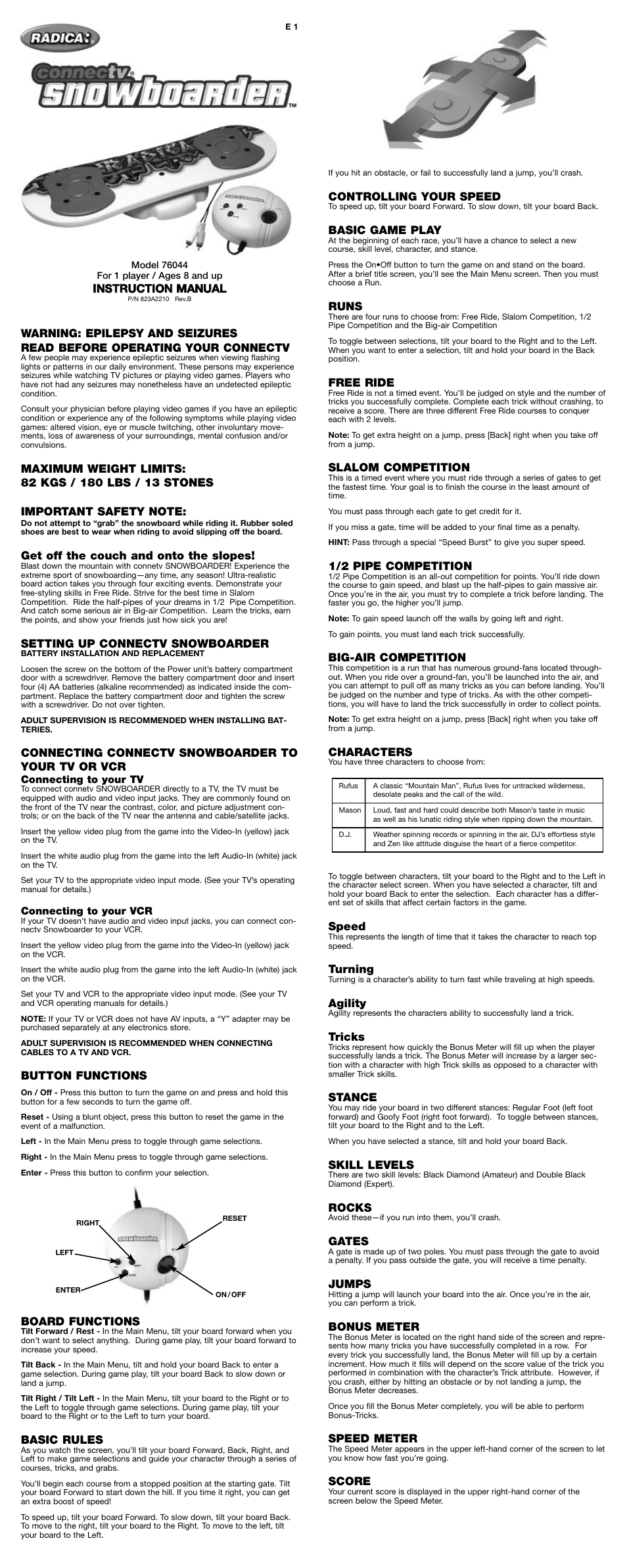 Radica Games Snowboarder 76044 User Manual | 2 pages