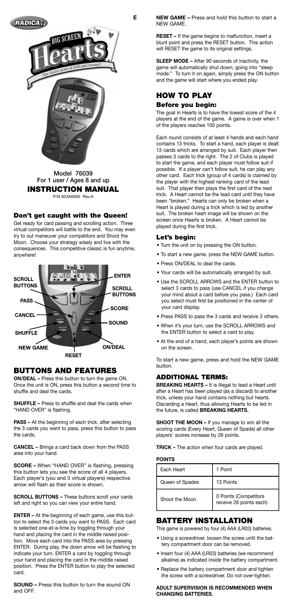 Radica Games 76039 User Manual | 2 pages