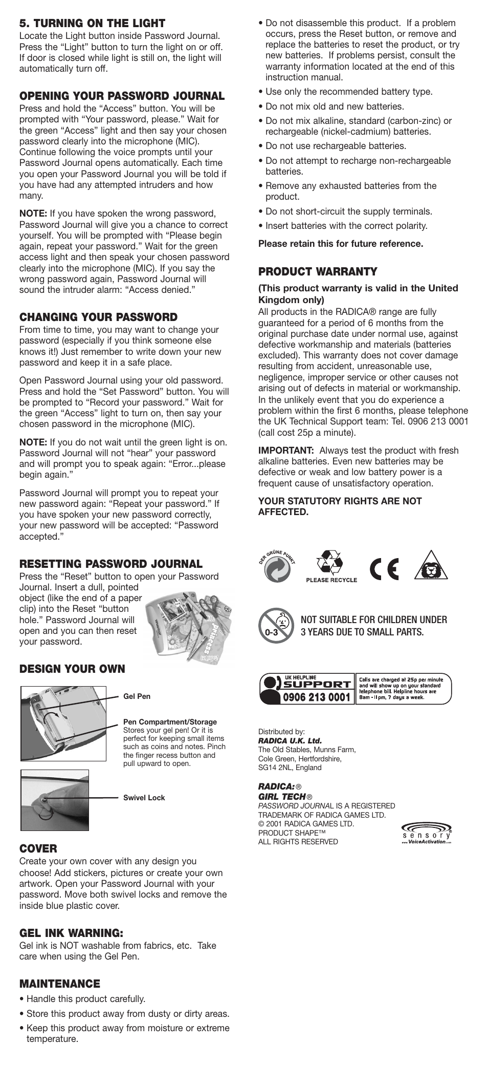 Product warranty, Turning on the light, Opening your password journal | Changing your password, Resetting password journal, Design your own cover, Gel ink warning, Maintenance | Radica Games Password Journal G73007 User Manual | Page 2 / 2