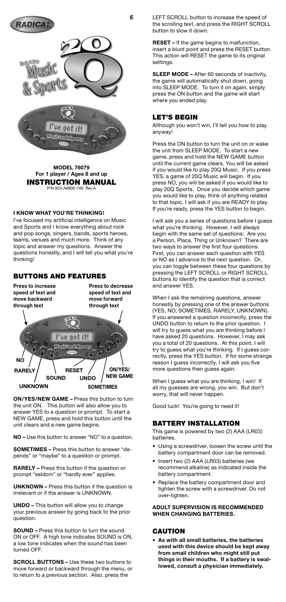 Radica Games 20Q 76079 User Manual | 2 pages