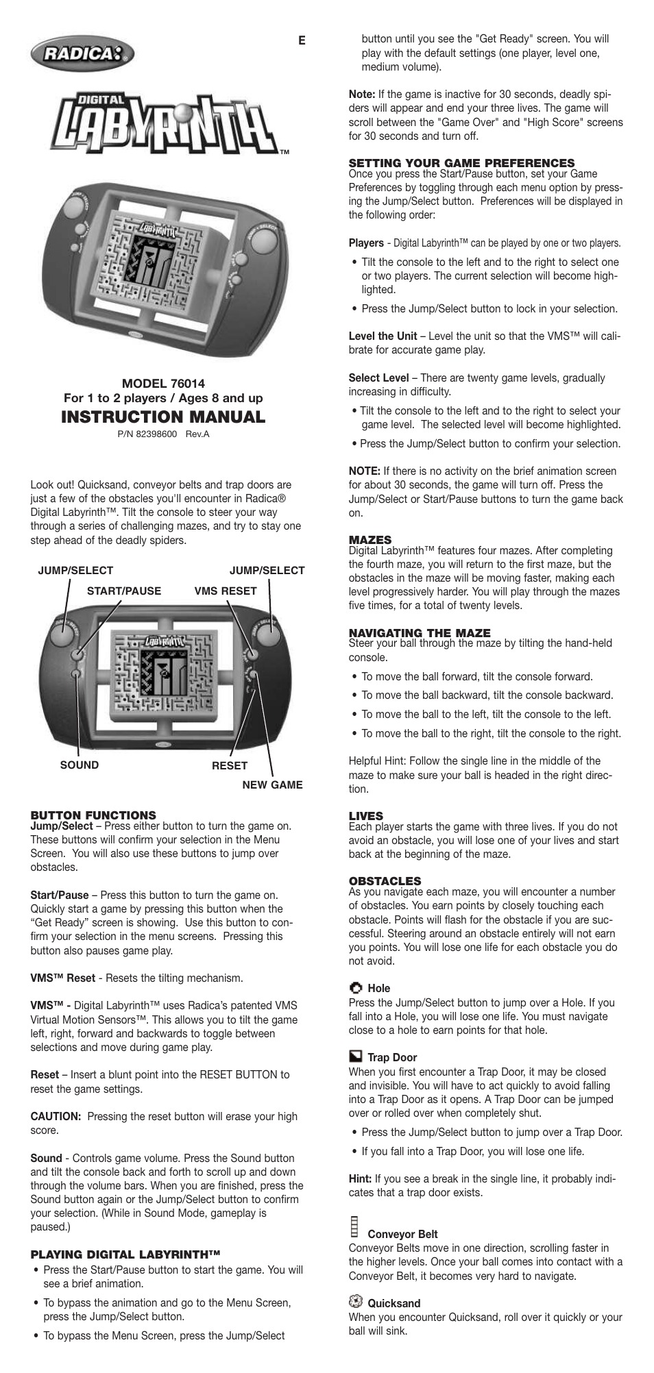 Radica Games 76014 User Manual | 2 pages