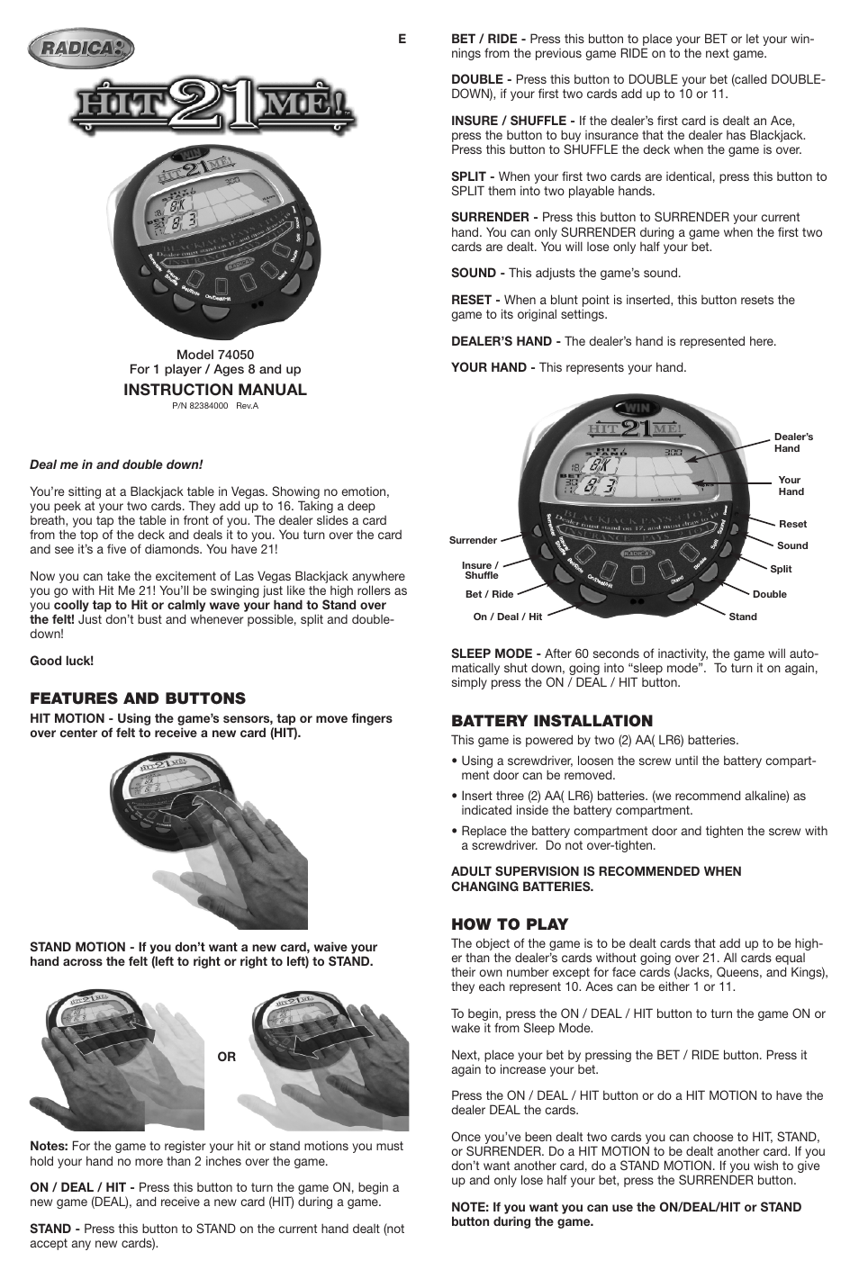 Radica Games 74050 User Manual | 2 pages