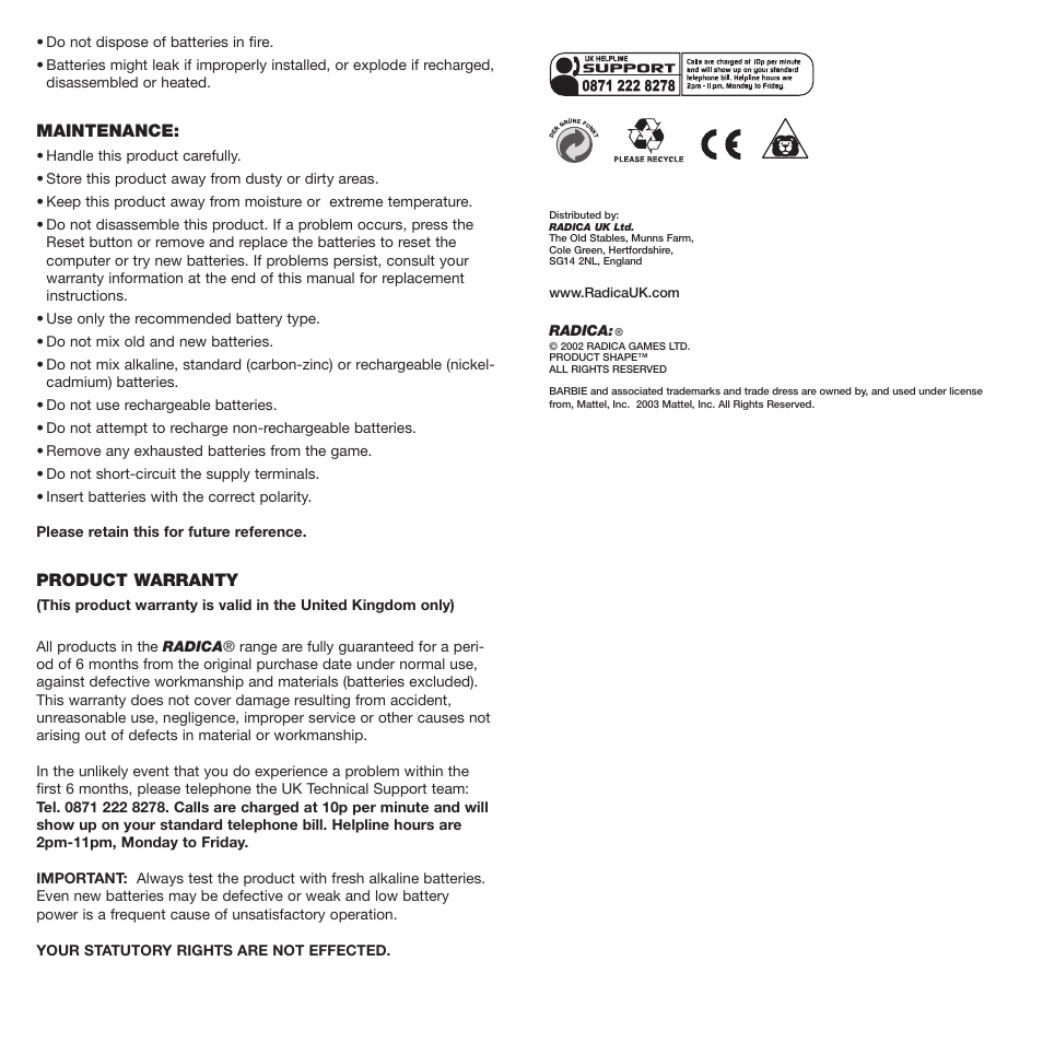 Radica Games 74001 User Manual | Page 2 / 2