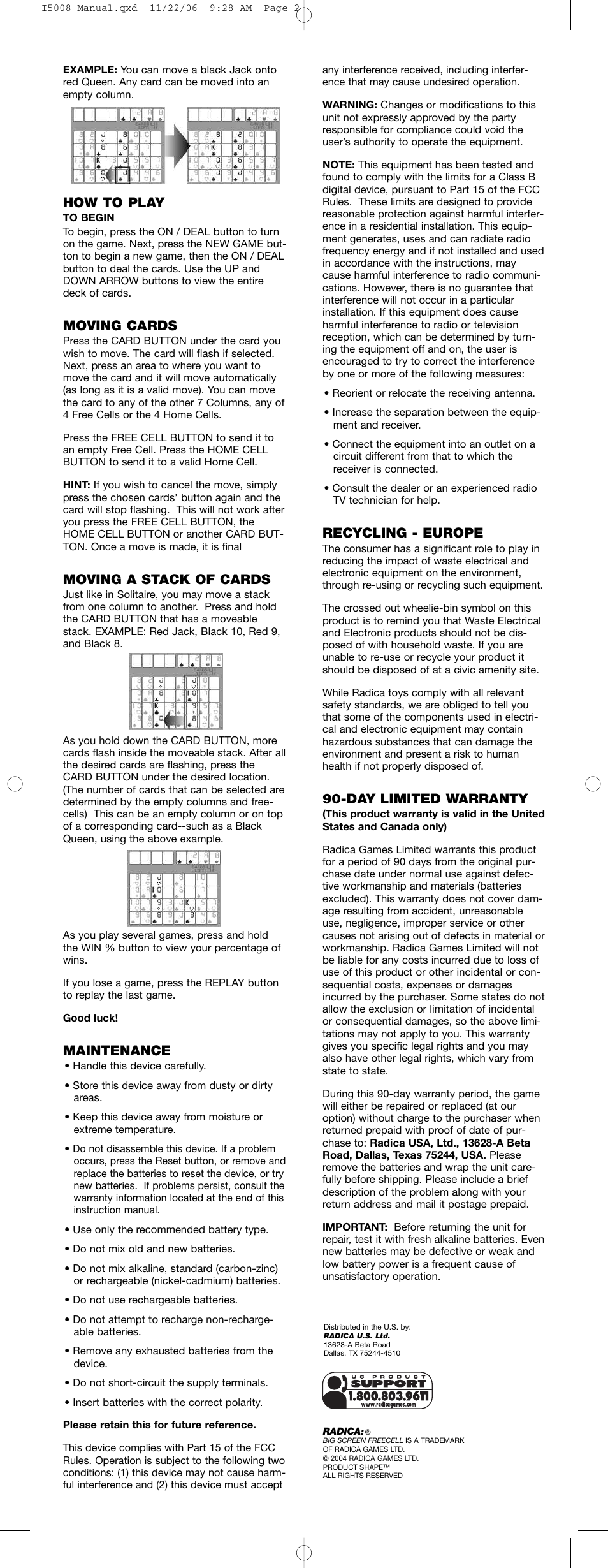 How to play, Moving cards, Moving a stack of cards | Maintenance, Recycling - europe, Day limited warranty | Radica Games i5008 User Manual | Page 2 / 2