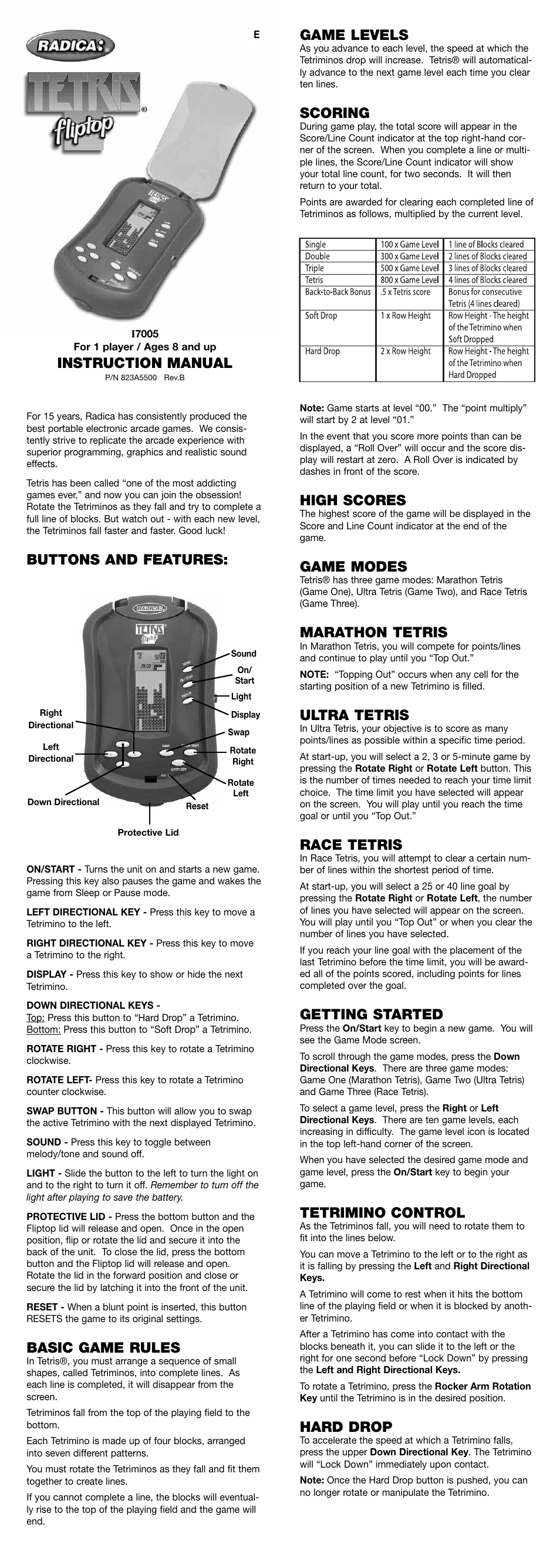 Radica Games TETRIS FLIPTOP I7005 User Manual | 2 pages