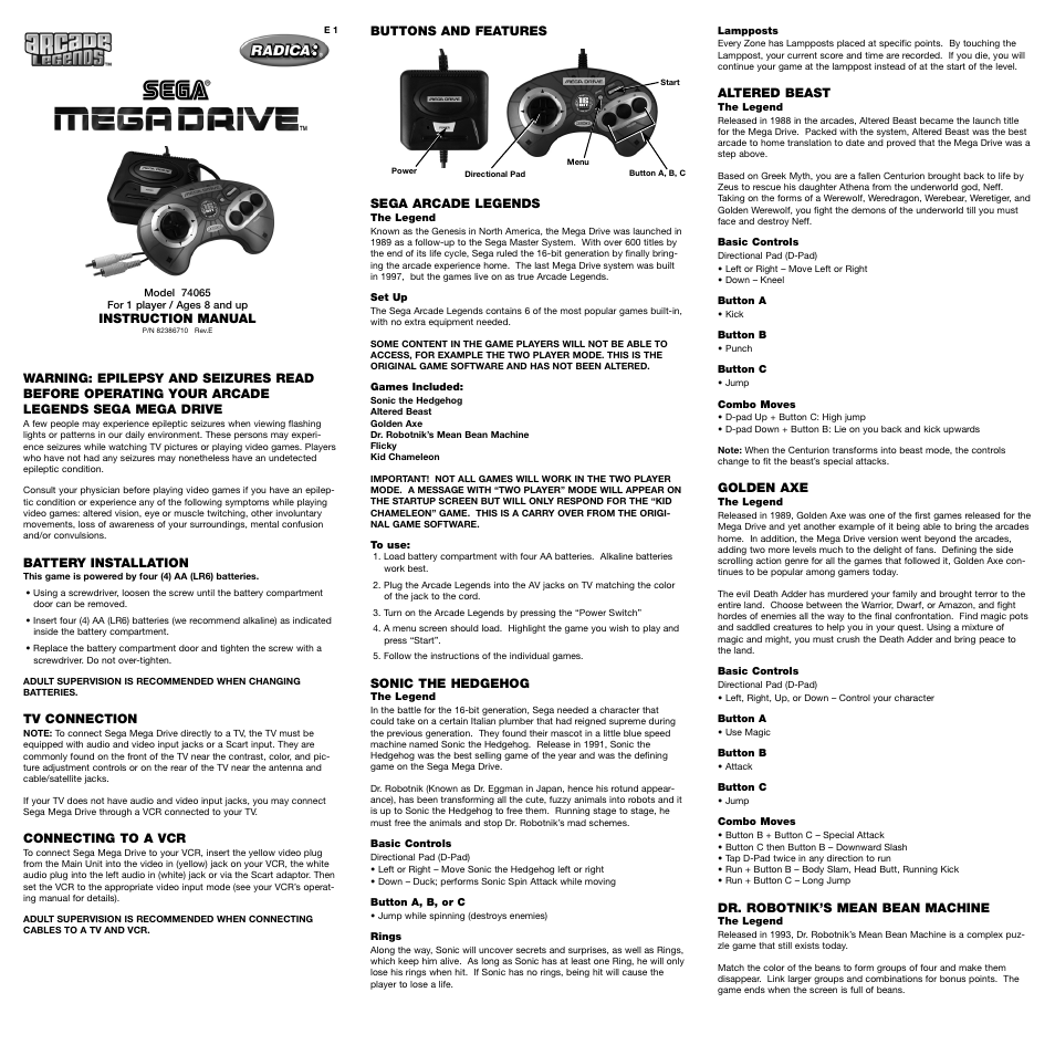 Radica Games Sega Mega Drive 74065 User Manual | 2 pages