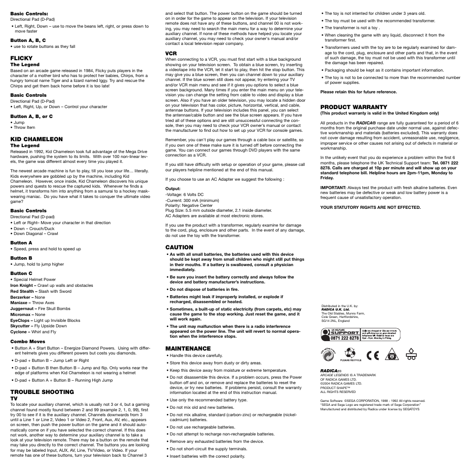 Radica Games Sega Mega Drive 74065 User Manual | Page 2 / 2