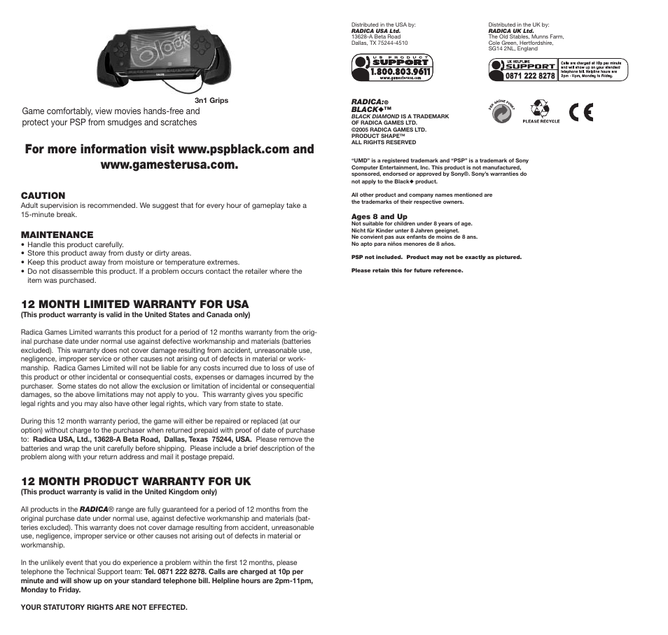 12 month limited warranty for usa, 12 month product warranty for uk, Caution | Maintenance | Radica Games 76110 User Manual | Page 2 / 2