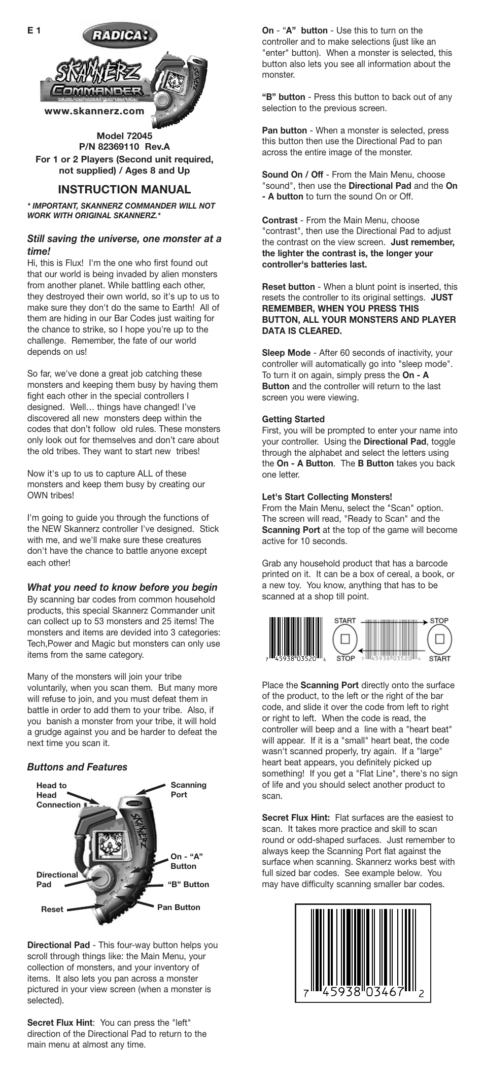 Radica Games Skannerz 72045 User Manual | 4 pages