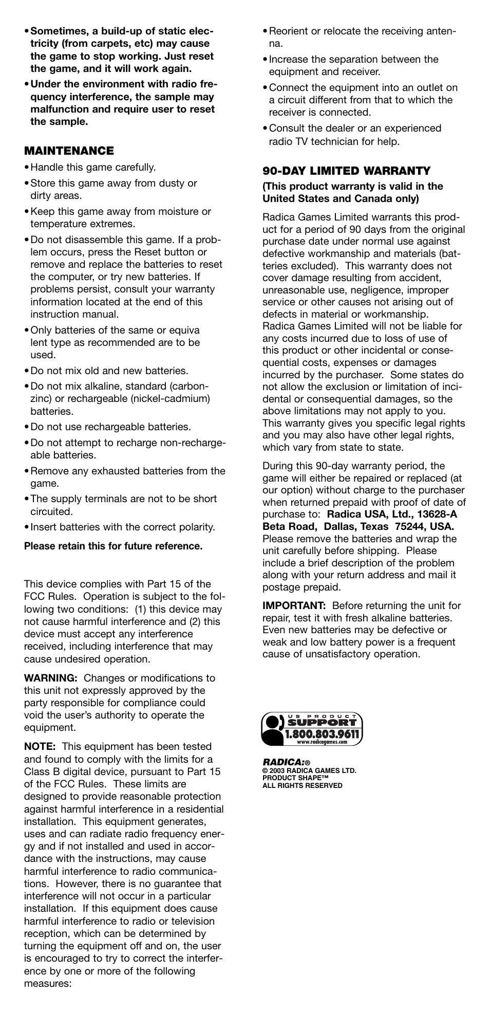 Radica Games 73050 User Manual | Page 2 / 2