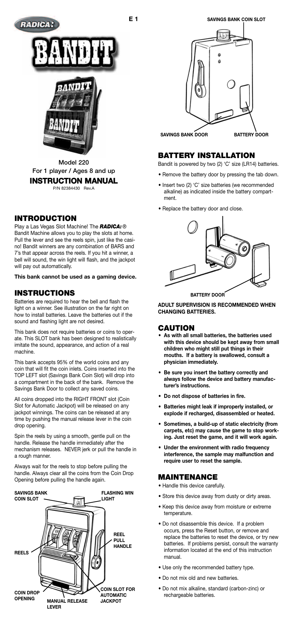 Radica Games Bandit 220 User Manual | 2 pages