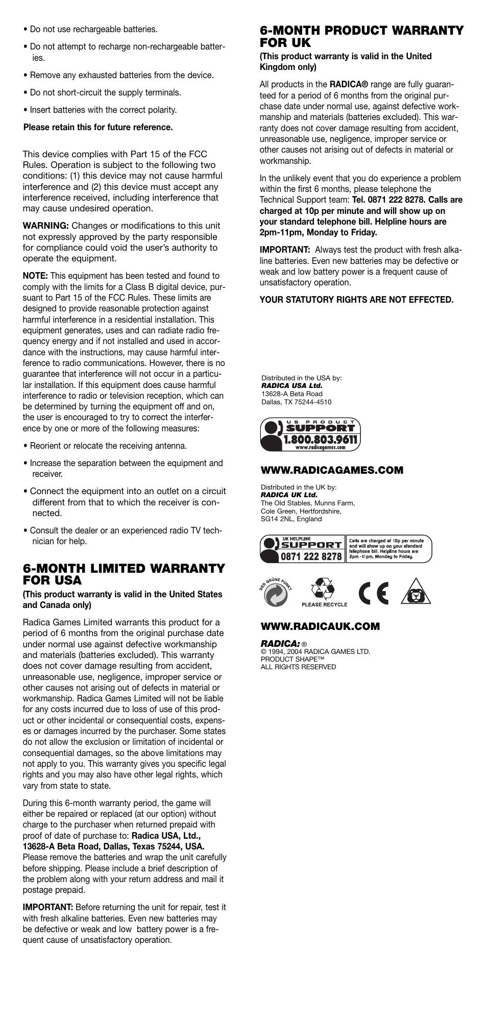 Month limited warranty for usa, Month product warranty for uk | Radica Games Bandit 220 User Manual | Page 2 / 2