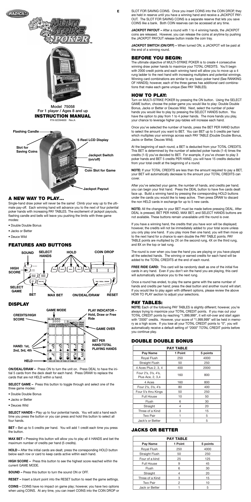 Radica Games 75058 User Manual | 2 pages