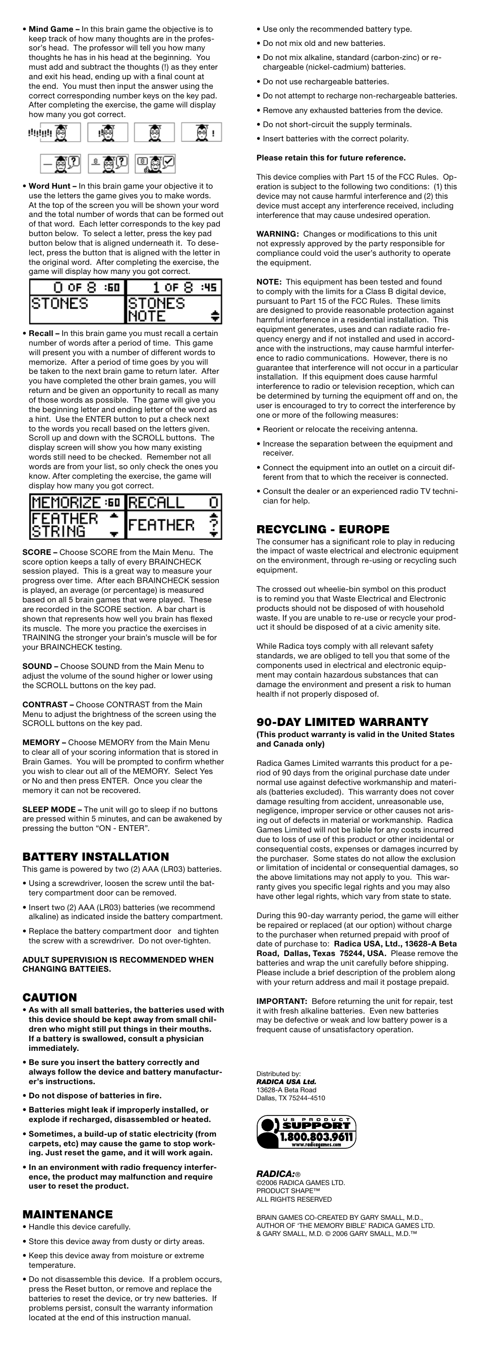 Battery installation, Caution, Maintenance | Recycling - europe, Day limited warranty | Radica Games 77038 User Manual | Page 2 / 2