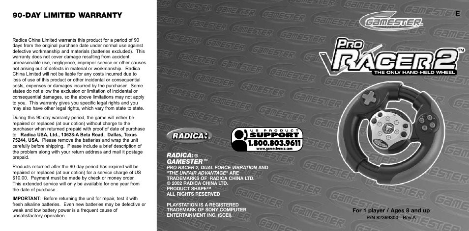 Radica Games PRO RACER 2 RC72160US User Manual | 2 pages