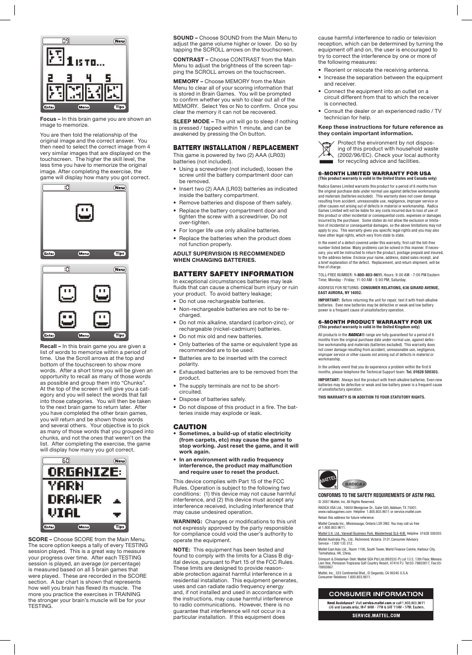 Battery installation / replacement, Battery safety information, Caution | Radica Games N5454 User Manual | Page 2 / 2