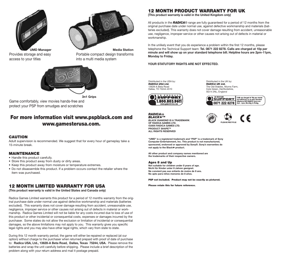 12 month limited warranty for usa, 12 month product warranty for uk | Radica Games 76100 User Manual | Page 2 / 2