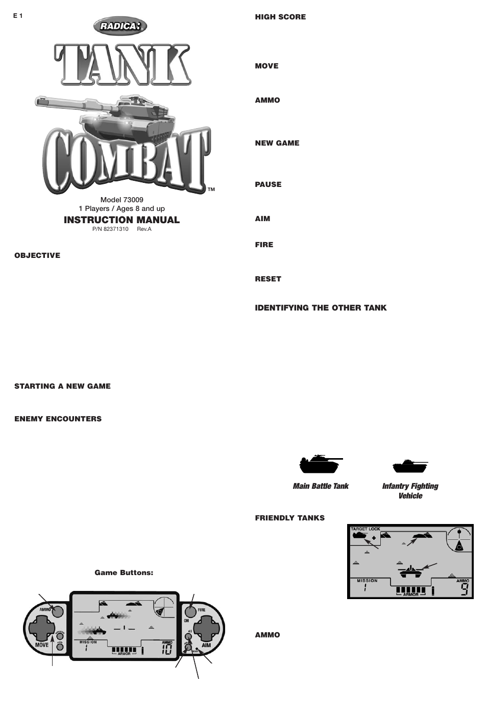 Radica Games Tank Combat 73009 User Manual | 2 pages