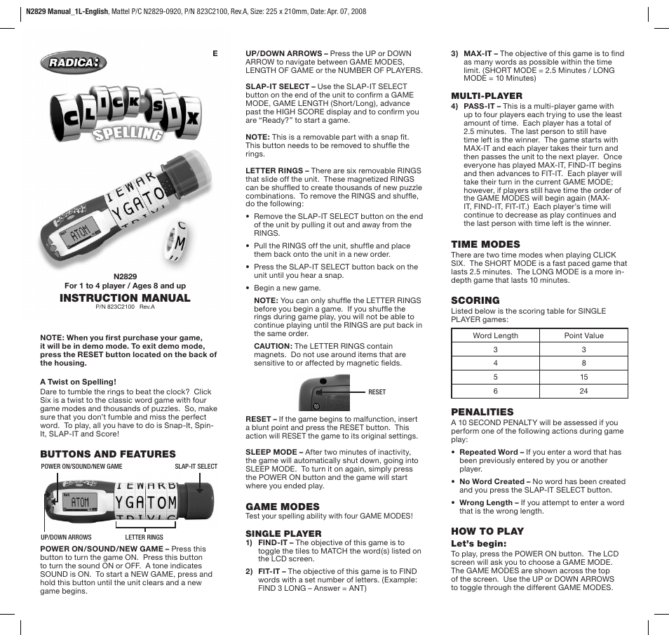 Radica Games N2829 User Manual | 2 pages