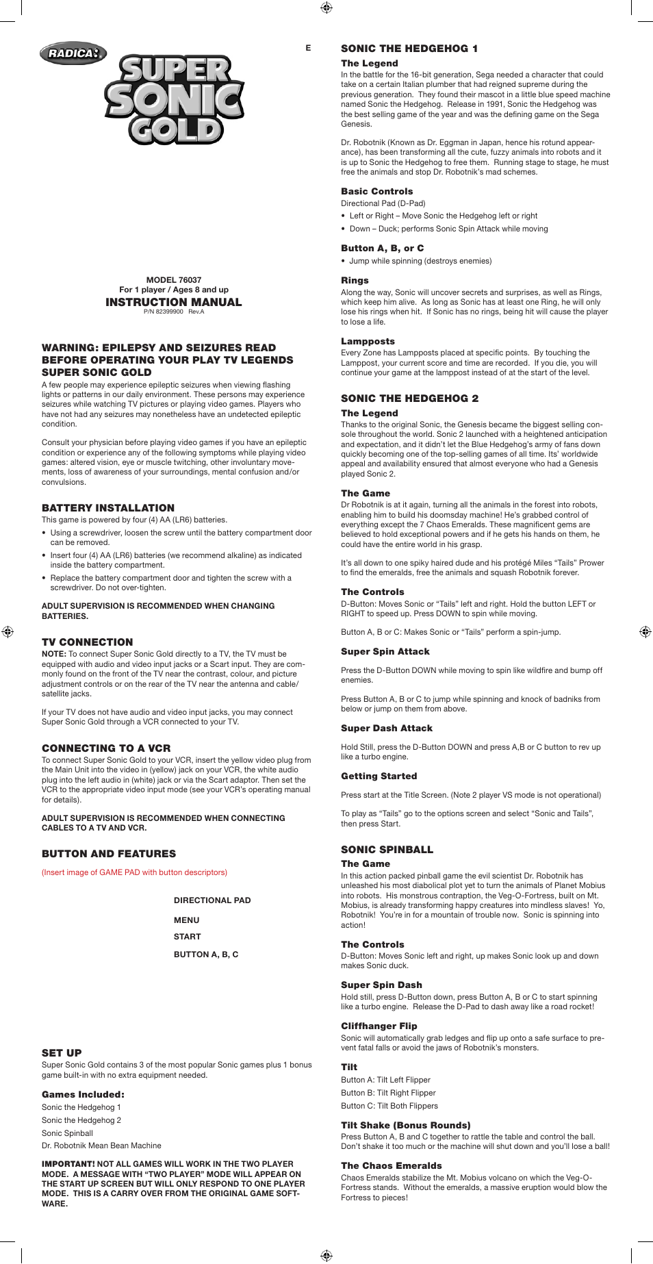 Radica Games 76037 User Manual | 2 pages