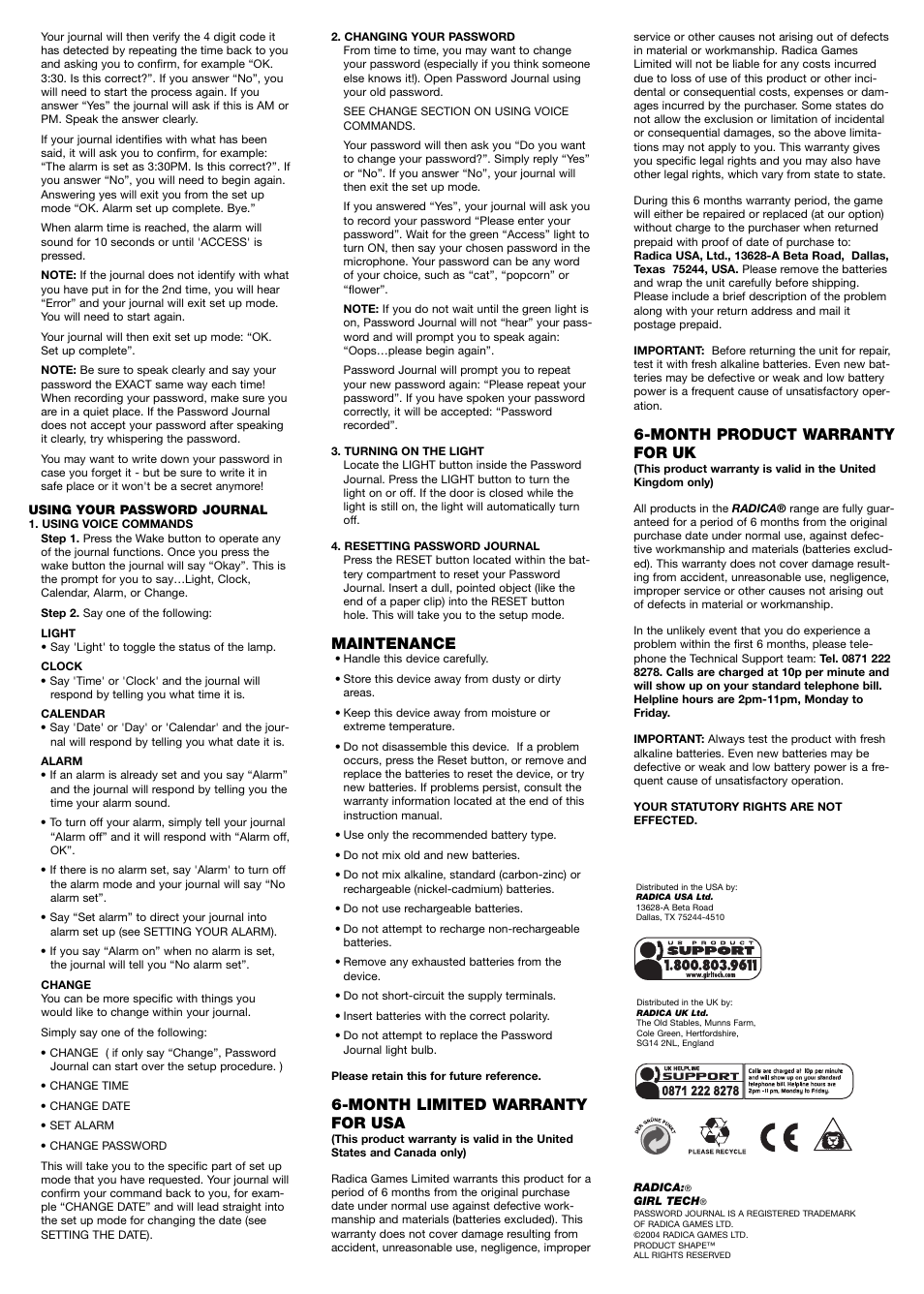 Maintenance, Month limited warranty for usa, Month product warranty for uk | Radica Games Password Journal 75015 User Manual | Page 2 / 2