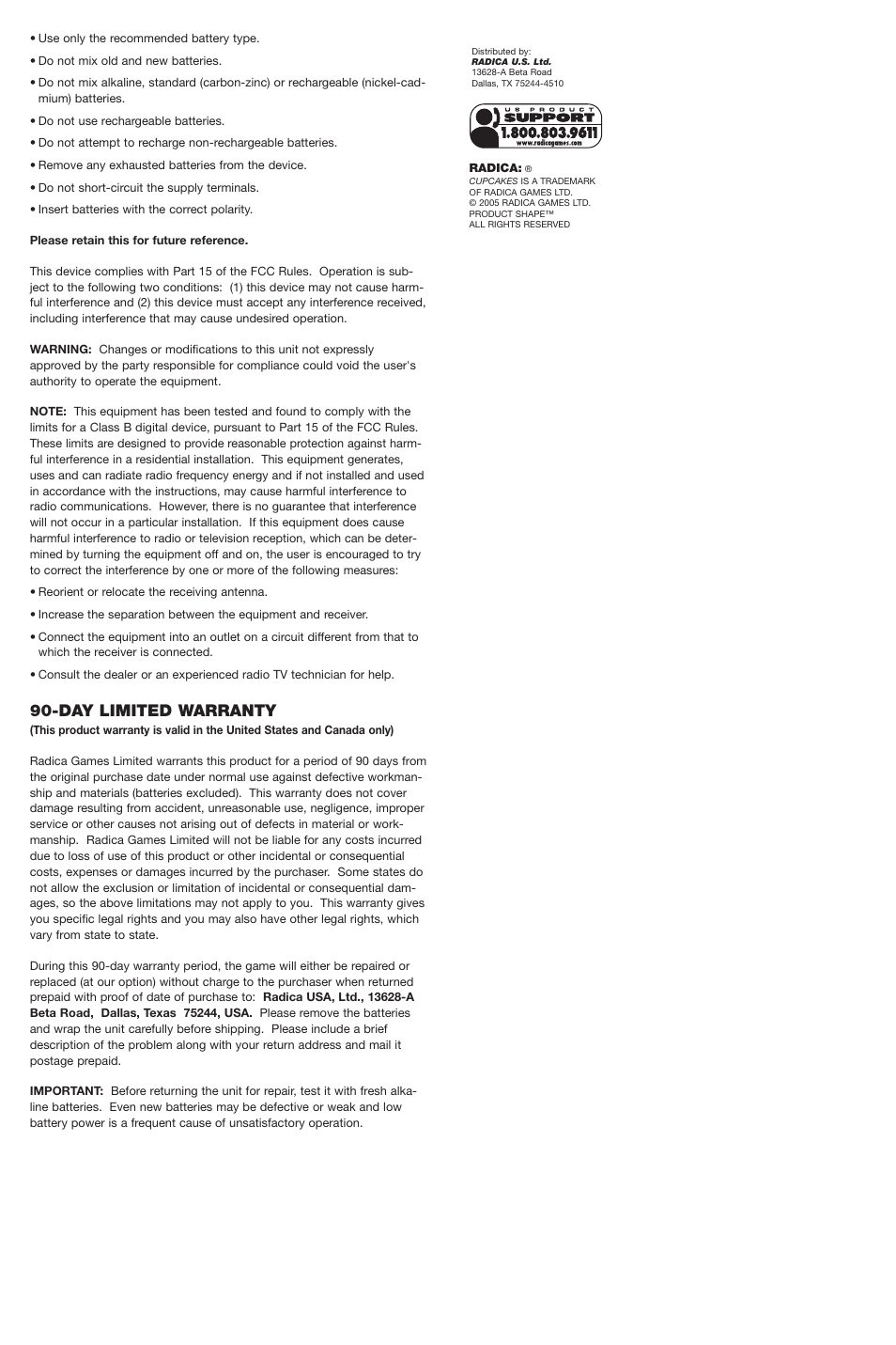 Day limited warranty | Radica Games 75056 User Manual | Page 2 / 2