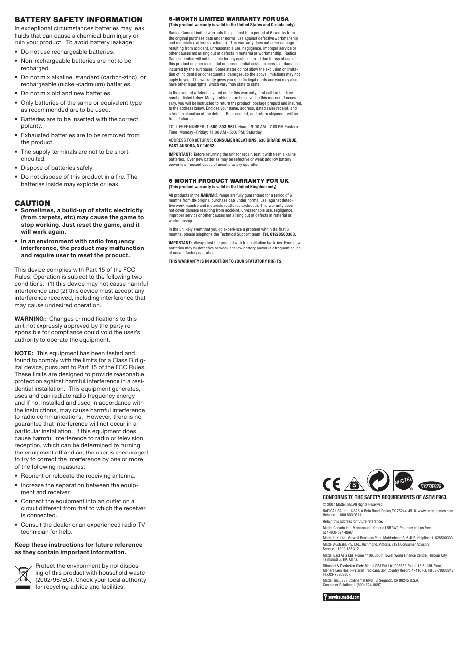Battery safety information, Caution | Radica Games L7286 User Manual | Page 2 / 2