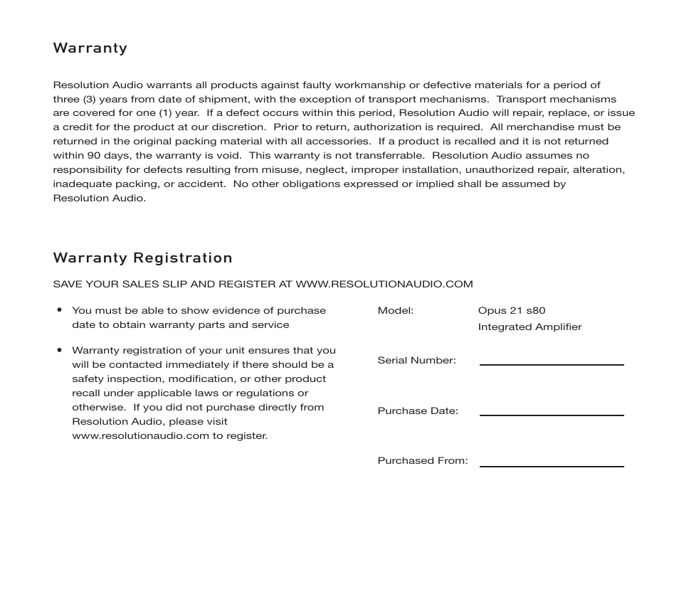 Warranty, Warranty registration | Resolution Audio OPUS 21 S80 User Manual | Page 5 / 8