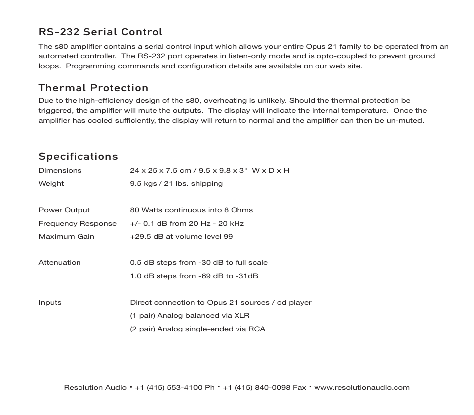 Rs-232 serial control, Thermal protection, Specifications | Resolution Audio OPUS 21 S80 User Manual | Page 8 / 8