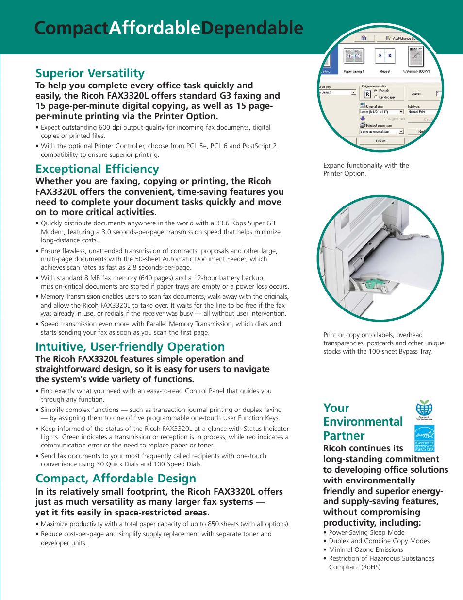 Compact affordable dependable, Your environmental partner, Superior versatility | Exceptional efficiency, Intuitive, user-friendly operation, Compact, affordable design | Ricoh FAX3320L User Manual | Page 3 / 4