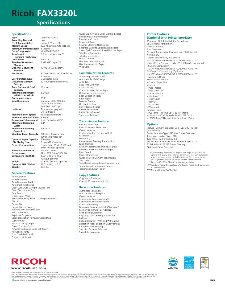 Ricoh fax3320l, Specifications | Ricoh FAX3320L User Manual | Page 4 / 4