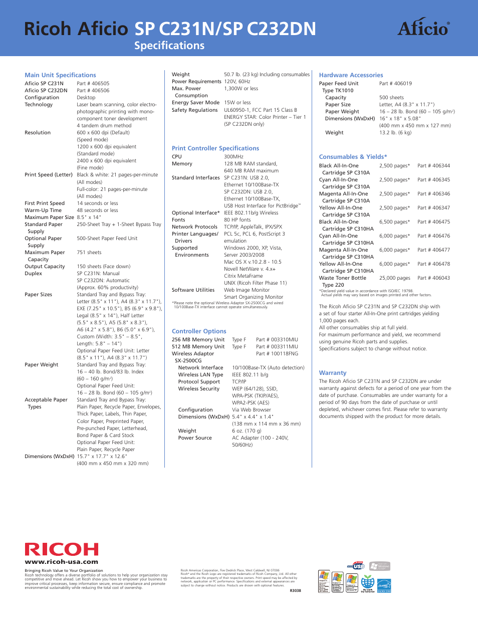Specifications | Ricoh Aficio SP C232DN User Manual | Page 4 / 4