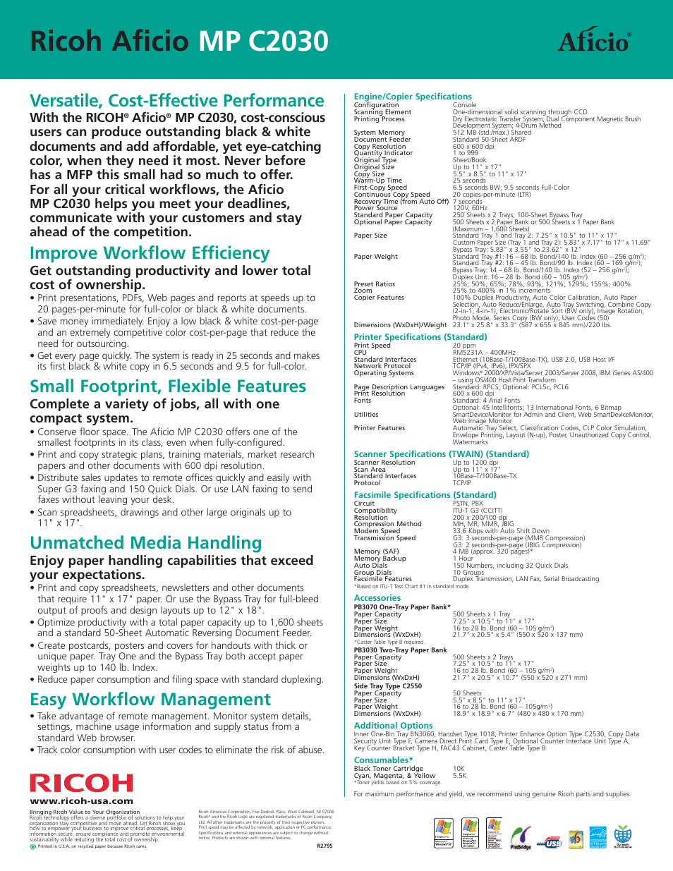 Ricoh aficio mp c2030, Versatile, cost-effective performance, Improve workflow efficiency | Small footprint, flexible features, Unmatched media handling, Easy workflow management, With the ricoh, Aficio | Ricoh Aficio MP C2030 User Manual | Page 2 / 2