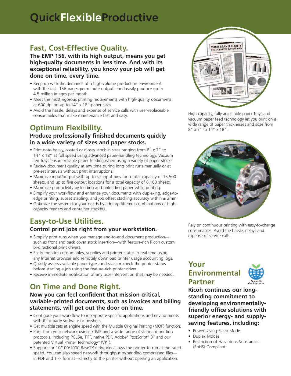 Quick flexible productive, Fast, cost-effective quality, Optimum flexibility | Easy-to-use utilities, On time and done right, Your environmental partner | Ricoh EMP 156 User Manual | Page 3 / 4