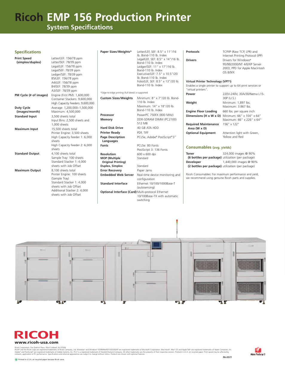 Fast, Ricoh emp 156 production printer, System specifications | Ricoh EMP 156 User Manual | Page 4 / 4