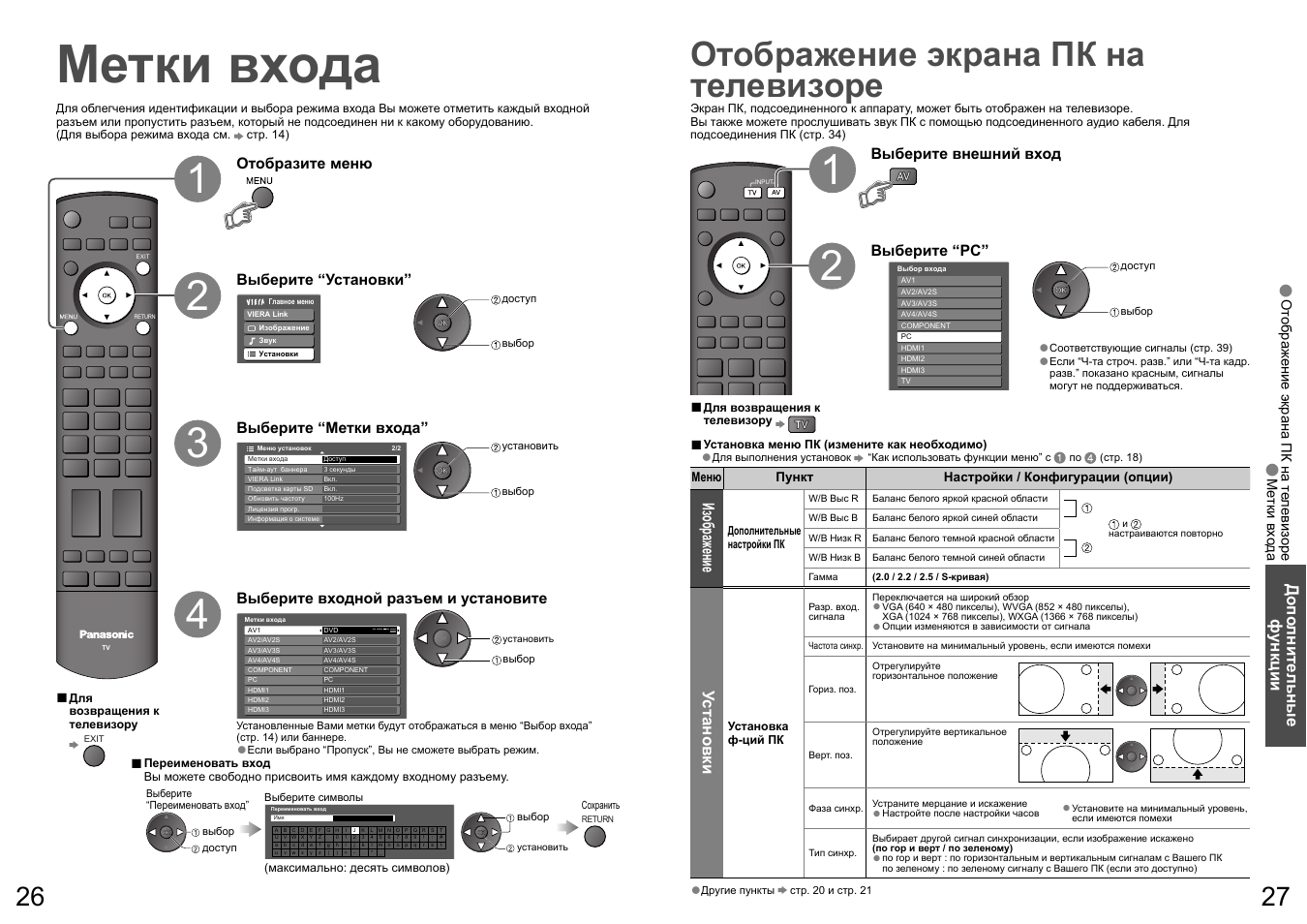 Метки входа, Отображение экрана пк на телевизоре | Panasonic TH-R50PY700 User Manual | Page 14 / 22