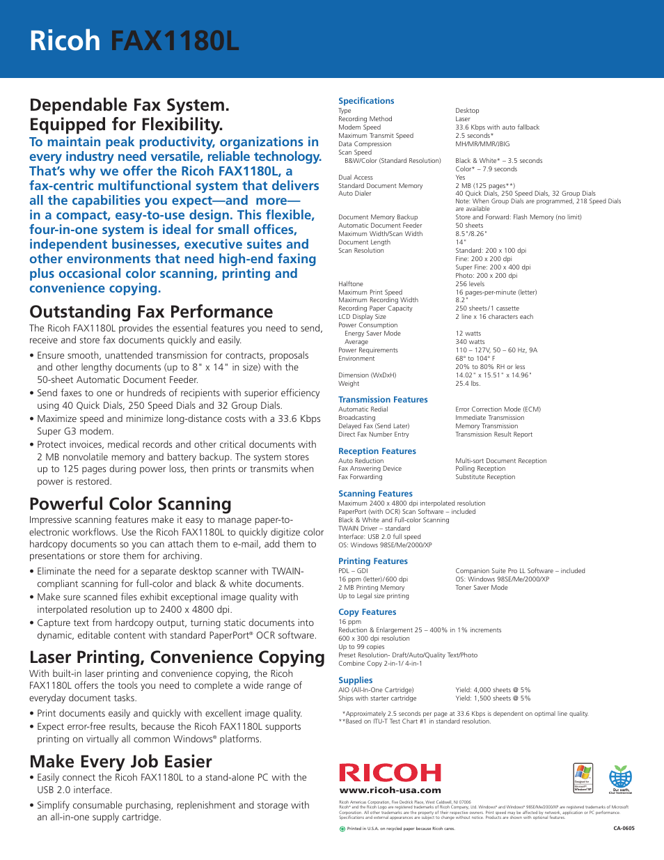 Ricoh fax1180l, Dependable fax system. equipped for flexibility, Outstanding fax performance | Powerful color scanning, Laser printing, convenience copying, Make every job easier | Ricoh FAX1180L User Manual | Page 2 / 2