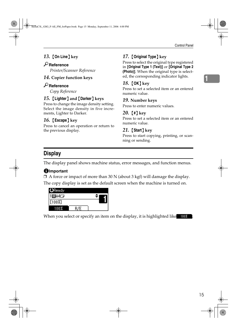 Display | Ricoh Aficio MP 161L User Manual | Page 21 / 64