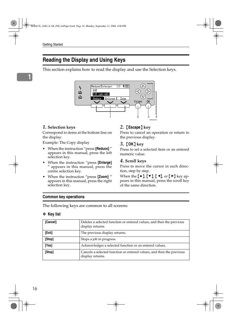 Reading the display and using keys | Ricoh Aficio MP 161L User Manual | Page 22 / 64