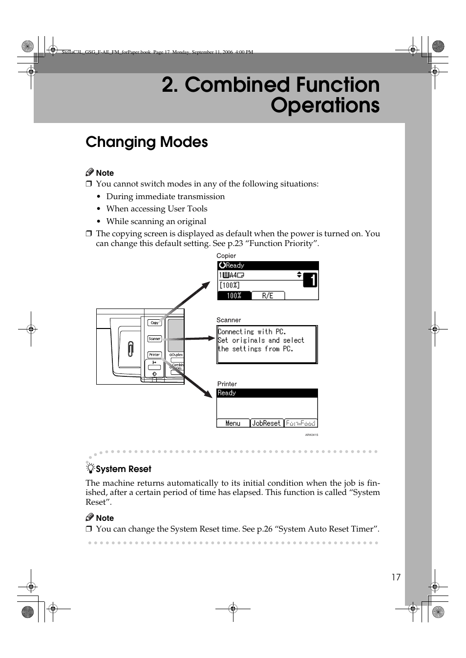 Combined function operations, Changing modes | Ricoh Aficio MP 161L User Manual | Page 23 / 64