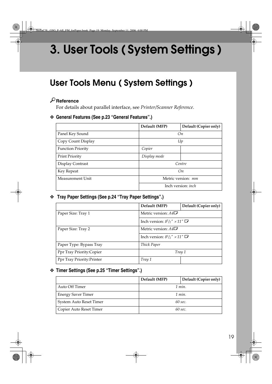 User tools ( system settings ), User tools menu ( system settings ) | Ricoh Aficio MP 161L User Manual | Page 25 / 64