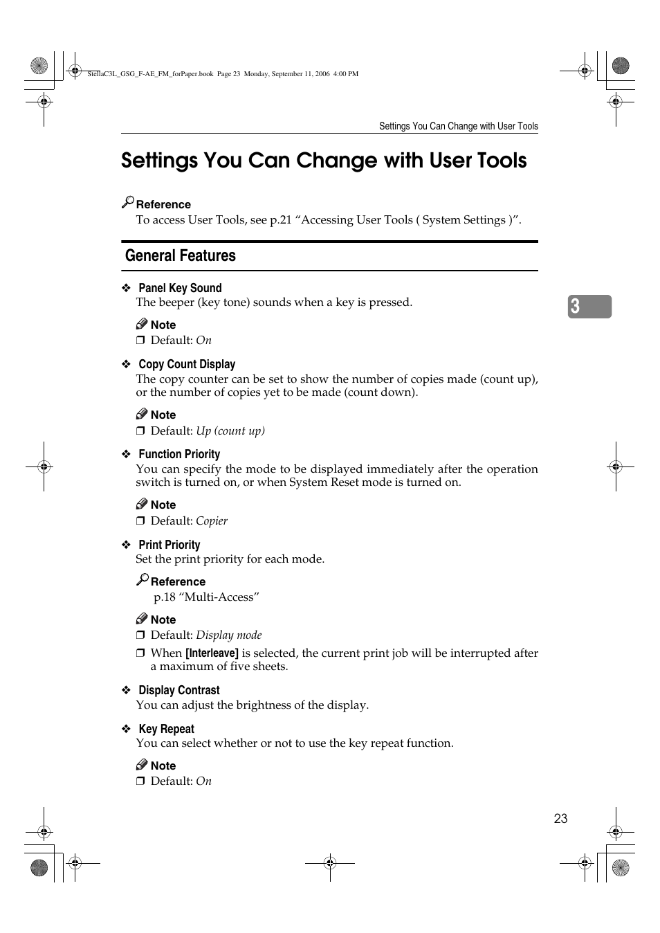 3settings you can change with user tools, General features | Ricoh Aficio MP 161L User Manual | Page 29 / 64
