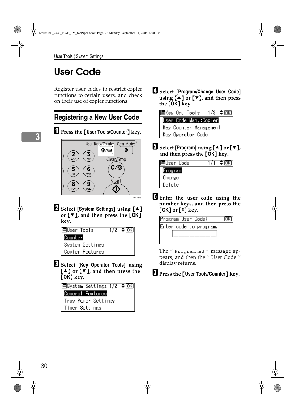 3user code, Registering a new user code | Ricoh Aficio MP 161L User Manual | Page 36 / 64