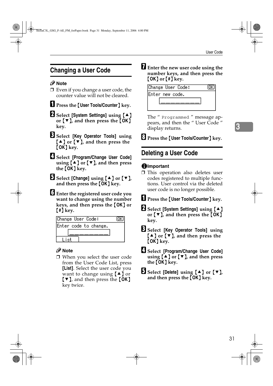 Changing a user code, Deleting a user code | Ricoh Aficio MP 161L User Manual | Page 37 / 64