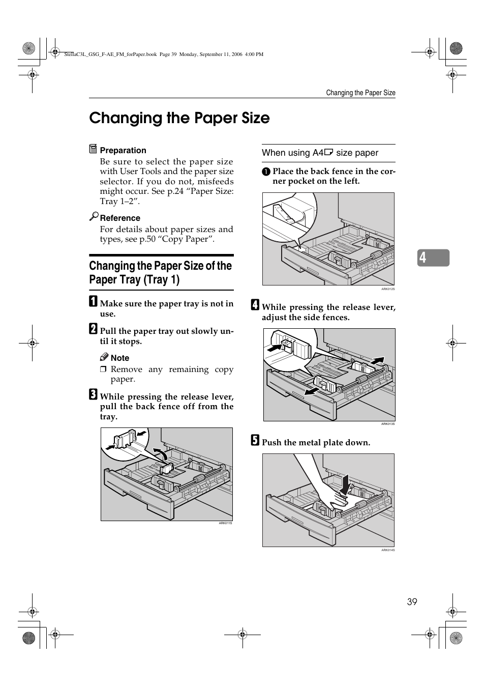 4changing the paper size, Changing the paper size of the paper tray (tray 1) | Ricoh Aficio MP 161L User Manual | Page 45 / 64